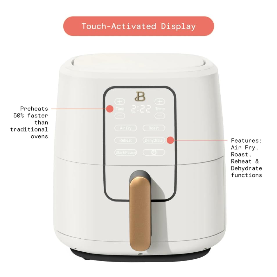 Beautiful 6Qt Touchscreen Air Fryer by Drew Barrymore, White Icing, Digital Display, Large Capacity, Fast Crisp Technology, Oil-Free Cooking, Auto Shut-Off