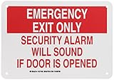 Brady 127165 Fire Safety Sign, Legend "Emergency Exit Only Security Alarm Will Sound If Door Is Opened", 7" Height, 10" Width, Red on White