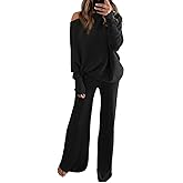 Fixmatti Womens Knitted Outfits 2 Pieces Sweatsuit Off the Shoulder Sweater Wide Leg Pant Set