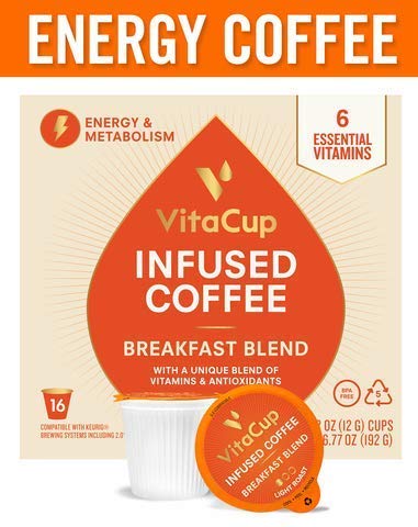 VitaCup Breakfast Blend Energy Blend Coffee Pods 16ct | Keto | Paleo | Whole30 | Vitamins B15, B5, B6, B9, B12, D3 | Compatible with K-Cup Brewers Including Keurig 2.0 | Light Roast