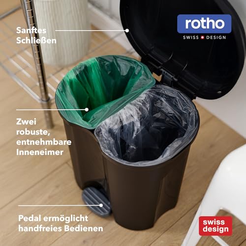 Rotho Duo – Waste Bin 2 x 10 L for Waste Separation with Lid and Pedal, Plastic (PP) BPA-Free, Black, 2 x 10 L (39 x 32 x 40.5 cm)