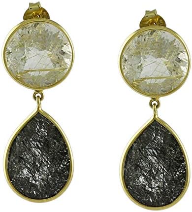 Carillon Black Rutile Natural Gemstone Pear Shape 925 Sterling Silver Uniqe Drop Dangle Earringsyellow Gold Plated