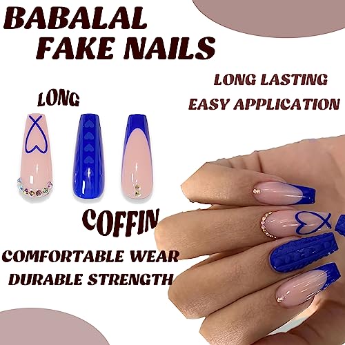 BABALAL Coffin Press on Nails Long Fake Nails Blue French Tip Heart Glue on Nails Rhinestone Ballerina Acrylic Nails for Women and Girls 24Pcs Valentines Nails Press on - Image 4