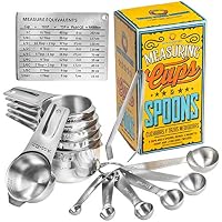 Wow Four Design Measuring Cups and Spoons Set of 6 Measuring Cups and 6 Measuring Spoons Bonus Measuring Magnetic Chart and a Fish Bone Tweezer 12 Piece Stackable Set Stainless Steel