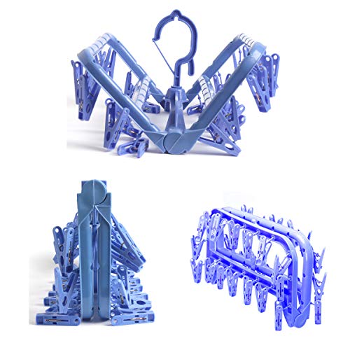 HAPY SHOP Foldable Laundry Hanger Drying Rack,Plastic Laundry Clip with 32 Clips,Clip Hanger Drip Drying Hanger Underwear Hanger with Clips for Socks, Bras, Lingerie, Clothes,Towel,Scarf,Blue - Thumbnail 4