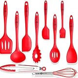 10 Piece Silicone Kitchen Utensil Set With Turner, Slotted Spoon, Ladle, Spoon, Spoon Spatula, Spooula, Spatula,Whisk,Cooking Tong, Basting Brush For Cooking/Baking/BBQ(Red)