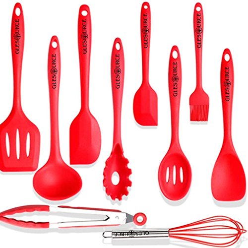 10 Piece Silicone Kitchen Utensil Set With Turner, Slotted Spoon, Ladle, Spoon, Spoon Spatula, Spooula, Spatula,Whisk,Cooking Tong, Basting Brush For Cooking/Baking/BBQ(Red)
