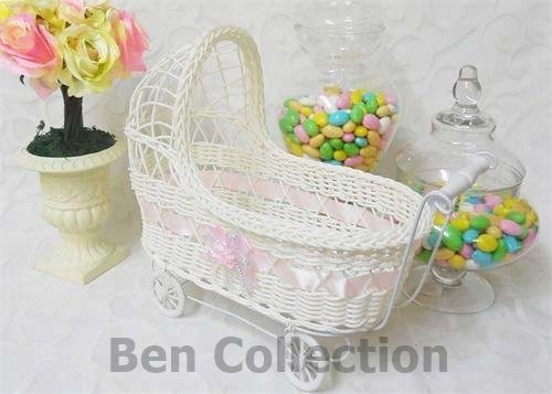 Ben Collection Wicker Baby Girl 11 Inch Carriage - Baby Shower Centerpiece Stroller Party Favors (Pink) - Thumbnail 2