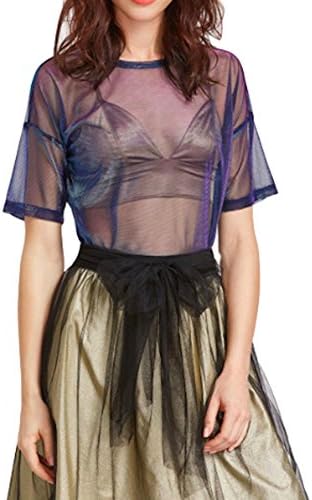 Moon Market Women Sheer Shimmer Shiny Metalic See Through Summer Festival Mesh Tee Short Sleeve Tops Tunic (XL, Black)