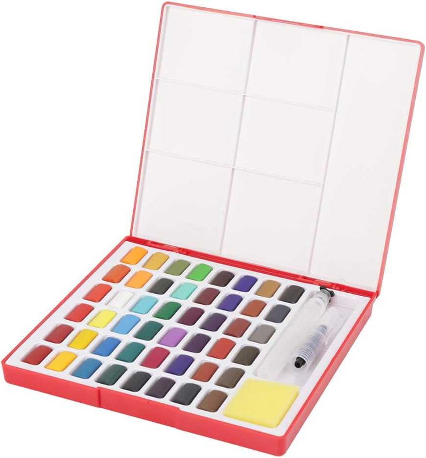 Solid Watercolour Paint, 48 Colors Solid Watercolor Pigment with Brush Pen & Sponge Portable Dyestuff Set for Artist…