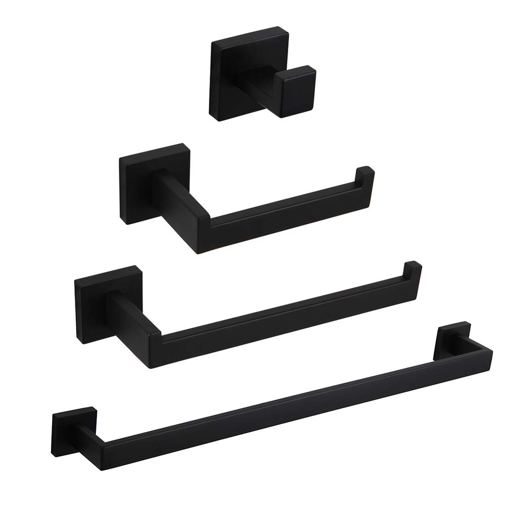 Modern Matte Black 4Piece Bathroom Hardware Set Towel Bar Toilet Paper Holder Towel