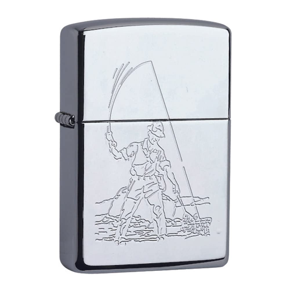 Zippo Windproof Lighter - Fisherman - High Polish Chrome - Lustre - Refillable - Reusable - Gift Box - Made in USA