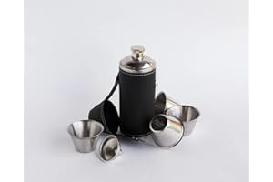 Birdie Bottle 8oz Black Flask with 4 Shot Glasses in Cap – Stainless Steel with Waterproof Leather Case, Leakproof, Travel-Re