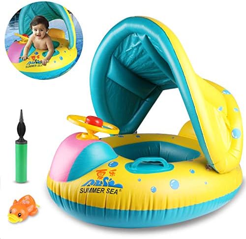 Joylink Inflatable Baby Pool Float Swimming Ring Float Boat Trainer Seat with Adjustable Sunshade Beach Pool Water Toys, Air Pump Safty for Age 6-36 months Toddler Children