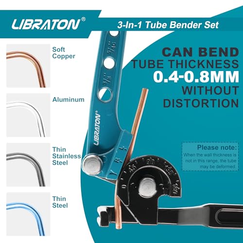 LIBRATON Manual Pipe Bender, Copper Pipe Bender, 180 Degree Pipe Bender, 3 in 1 Pipe Bender for Copper Pipe 1/4" 5/16" 3/8" with Mini Pipe Cutter and Deburrer, for Brass, Aluminium and Thin Steel Tubes