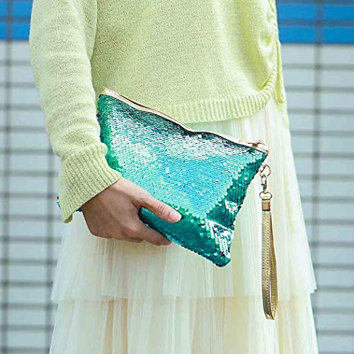 Brishow Envelope Type Travel Makeup Bag Portable Clutch Toiletry Bag Cosmetic Makeup Case Mermaid Sequins Organizer Bag with Zipper for Women and Girls (Blue)