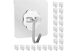 DDMY Adhesive Hooks Wall Hooks, 24 Packs Hooks for Hanging Transparent Reusable Seamless Hooks 13.2LB(Max), Waterproof Bathro