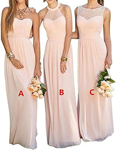 Vweil Long Rustic Chiffon Lace Bridesmaid Dress Long Formal Evening Prom Gowns Petal Pink US6