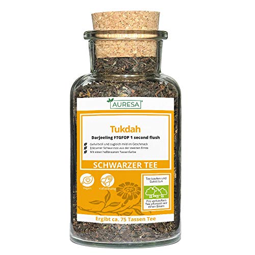 AURESA Schwarztee Tukdah | Second flush Darjeeling | Reichhaltig und gehaltvoll im Geschmack 90g-glas