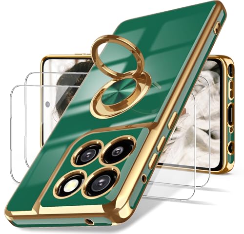 Dretal for Moto G Stylus 5G 2025 Case, 2X Screen Protector, 360° Rotatable Ring Holder Magnetic Kickstand,Plated Gold Edge Slim Soft TPU Protective Cover for Motorola G Stylus 5G 2025 (Green)