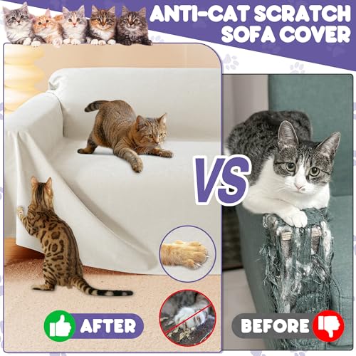 Loiion Anti Cat Sofa Covers, Sofa Protector for Cats, Waterproof Armchair Cover, 3 Seater Canapé Tapestry, Anti Cat and Pet Dog Armchair Lining, Beige Storage Cover 340 x 180 cm