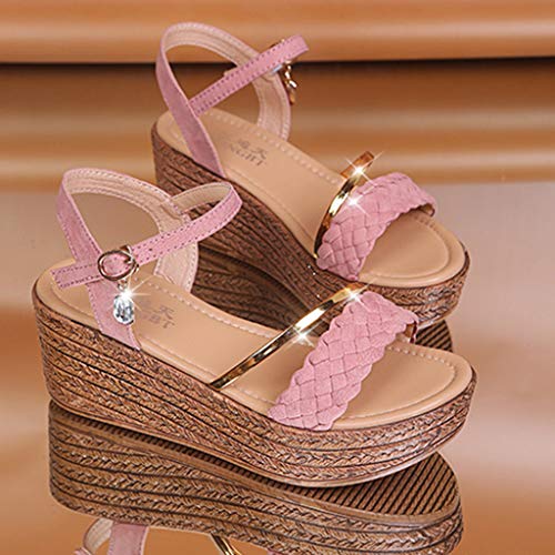 BEAUTYVAN Women's Summer Slip On Sandals Slingback Peep Toe Platform Wedge Rhinestone Dress Shoes Pink