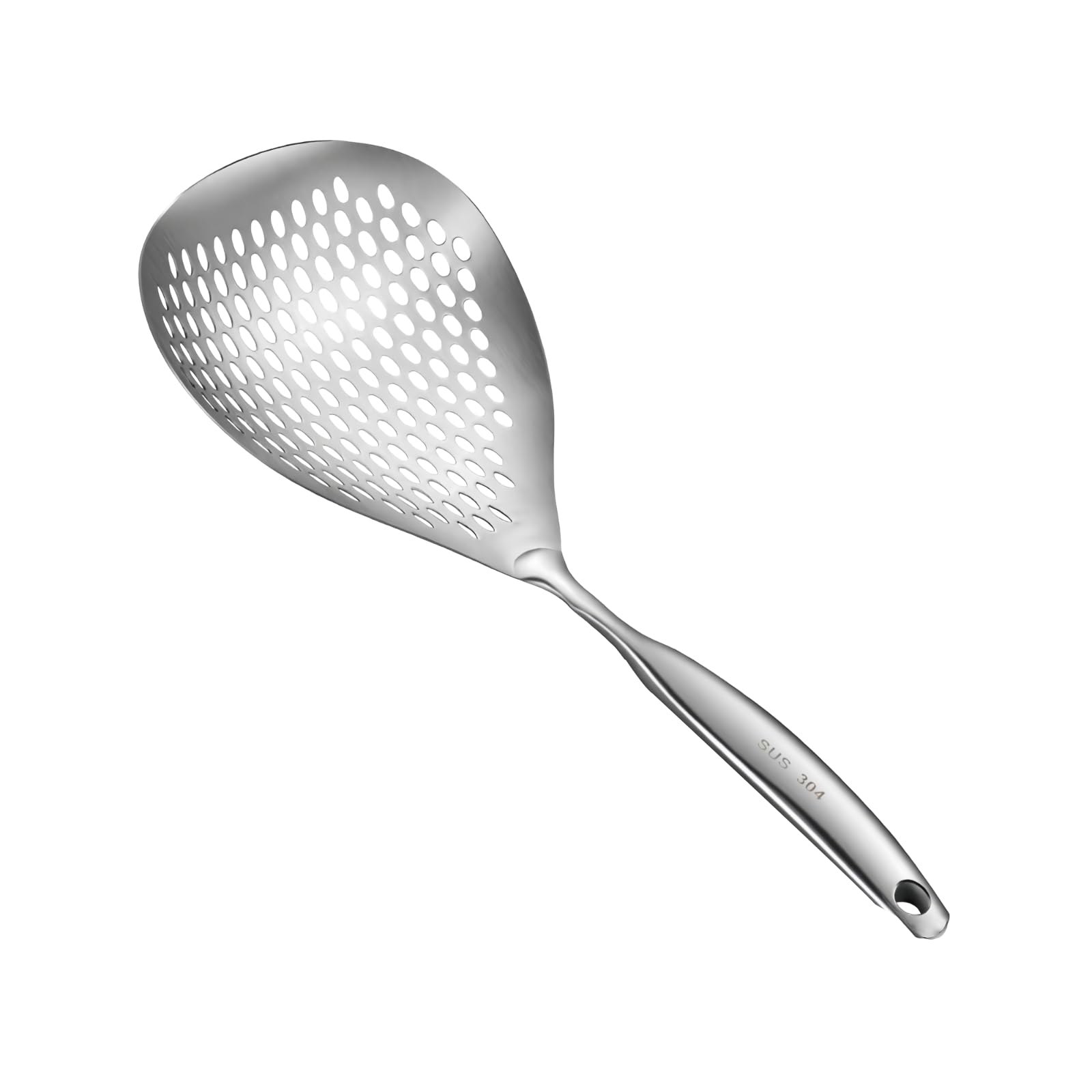 Skimmer Spoon, 304 Stainless Steel Slotted Spoon, Ladle Strainer Pasta Scoop with 8mm Holes, Noodle Filter with Anti-Scalding Handle & Hanging Holes, Metal Scum Colander for Cooking/Draining/Frying