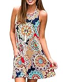 Womens Crew Neck Printed Sleeveless Casual Tunic Tops Summer Swing Tee Shirt Dress with Pockets (Navy Blue, L)