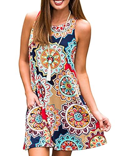 Women's Summer Casual Sleeveless Long Tunic Tops Crew Neck Floral