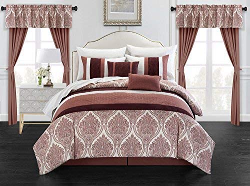 Chic Home Vivaldi 20 Piece Comforter Set Medallion Quilted Embroidered Design Complete Bag Bedding – Sheets Decorative Pillows Shams Window Treatments Curtains Included, King, Brick