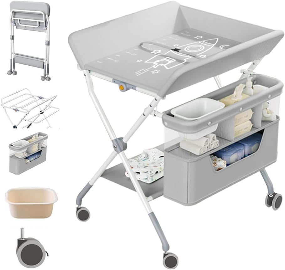 DMG TECH Portable Baby Changing Table, Folding Baby Changing Table, Infant Care Station with Double Layer Storage Basket, Adjustable Height, Mobile Nursery Organizer for Newborn Infant (Grey)