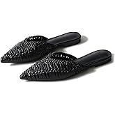JANSEVEN Woven Flats Raffia Mules for Women Pointed Closed Toe Casual Slides Slip On Comfortable Dress Shoes