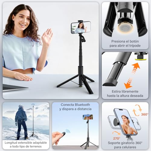 LEMONSEA Tripie para Celular 165cm, Tripode para Celular con Apertura Automática al Tocar el Suelo, Selfie Stick con Control Remoto Bluetooth, Altura Ajustable, Ideal para Fotografía y Vídeo de Viajes