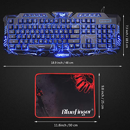 Gaming Keyboard, BlueFinger Mechanical Computer Keyboard USB Wired LED 3 Color Red/Blue/Purple Backlit Gamer lighted Keyboard with Customized MousePad - Thumbnail 6