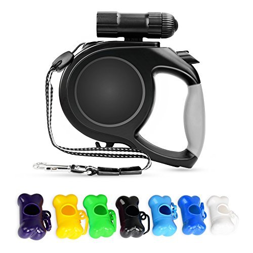 GOOACC 130503 Retractable Dog Leash with Waste Bags/LED Flashlight (Heavy Duty Tangle-Free Nylon Ribbon), 1 Pack