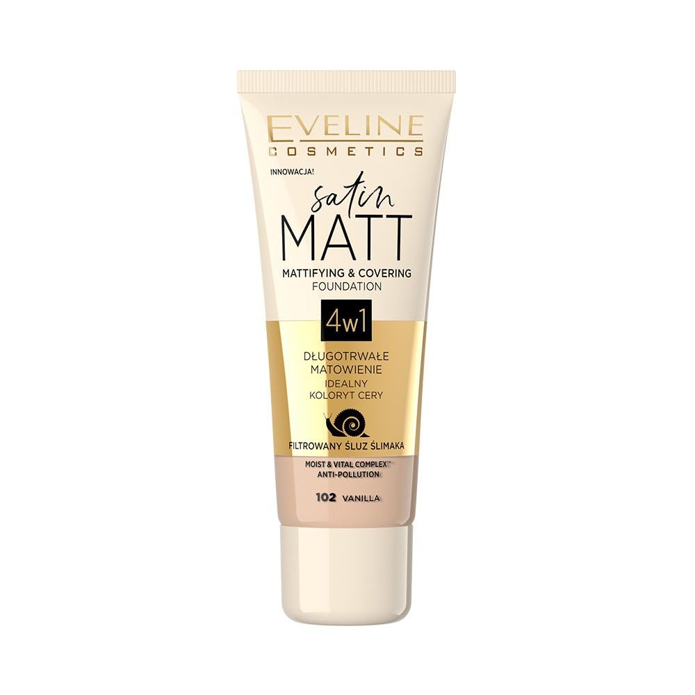 Eveline Cosmetics Satin Matt Foundation with Snail Slime Filtrate - Building Coverage & Pore Minimisation - 30 ml