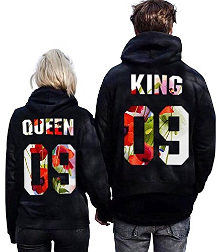 Pxmoda King Queen Couple Hoodies Hooded Sweatshirt Pullover (L, Black-Queen)