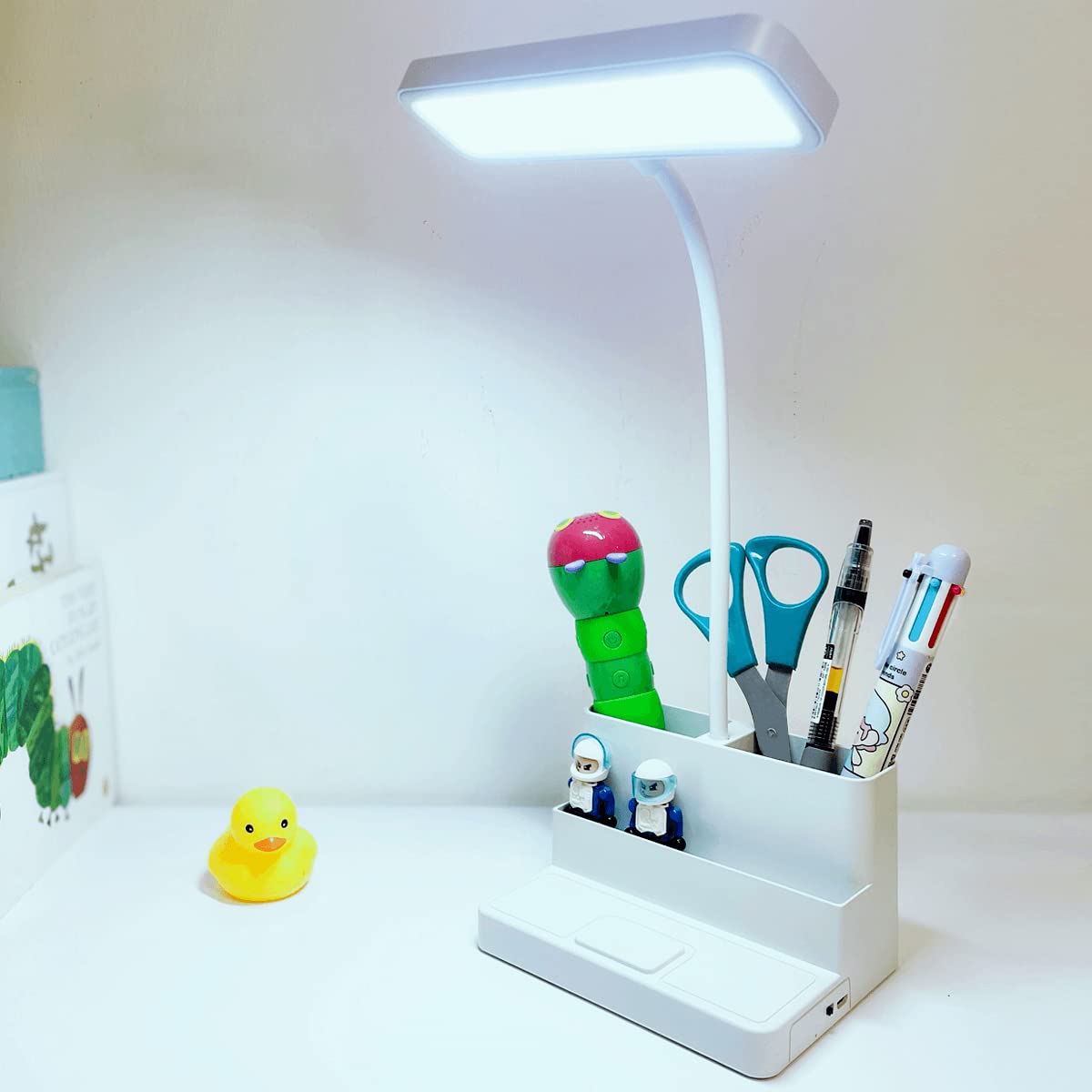 Hozzwhoo Led Table Lamp, 3 Color Temperature Adjustable Eye Protection Learning Desk Lamp with Pen/Phone Holder Function, Eye Caring, Small Study Lamp for Office, Bedroom(USB Rechargeable)