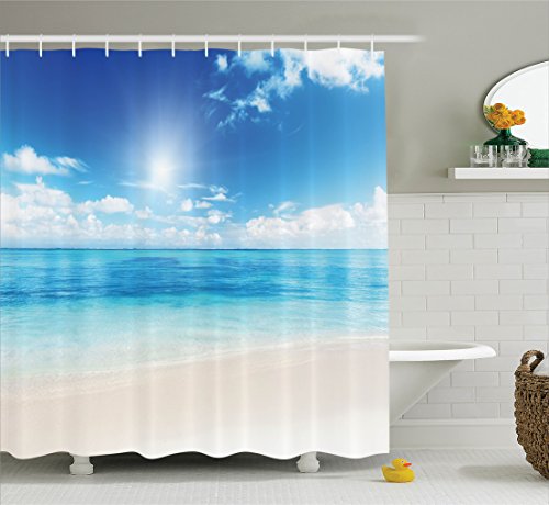 Ambesonne Ocean Shower Curtain, Beach View from Caribbean Sea in a Sunny Day Exotic Summer Season Print, Cloth Fabric Bathroom Decor Set with Hooks, 69" W x 75" L, Cream Turquoise White