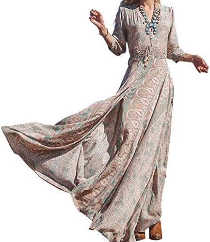 Oulifa Women's Long Sleeve V Neck Boho Floral Cocktail Evening Party Long Dress