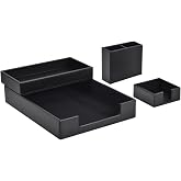 RHCSZ 4 Pack Leather Office Supplies/Desk Organizer for Letter Paper Tray,Sticky Note Holder,Pen Cup,Stackable Small Letter Mail Sorter Tray,Workspace Decor for Women Men (Black, 4-piece set)