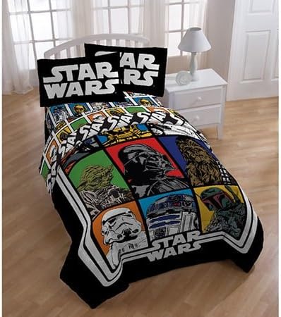 5 Piece Kids Black Star Wars Theme Comforter Twin, Starwars Millennium Falcon R2-D2 C-3PO Bedding, Light Saber Death Star Darth Vader Luke Skywalker Yoda Movie Series Character Plush, Polyester