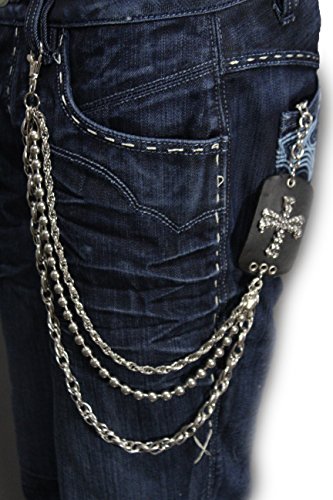 TFJ Men Biker Fashion Wallet Chain Metal Keychain Mini Skulls Cross 3 Strands Silver