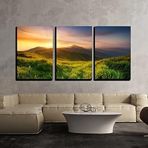 3 Piece Canvas Wall Art - Mountain Valley During Sunrise. Natural Summer Landscape - Modern Home Art Stretched and Framed Ready to Hang - 16"x24"x3 Panels