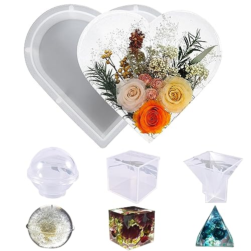 4pcs Resin Molds Kit,Silicone Molds Including 8.7” Large Heart,Small Cube,Small Sphere,Small Pyramid,DIY Art Creat Epoxy Resin Casting Mold for Flowers Preservation kit