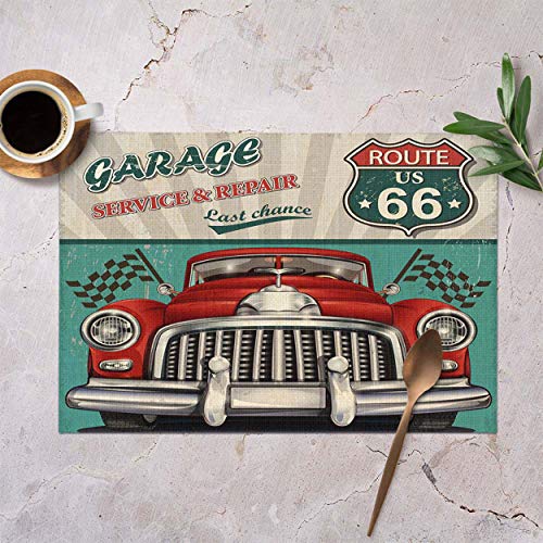 Mugod Red Car Placemats Vintage Garage Service & Repair Route 66 Retro Poster Decorative Heat Resistant Non-Slip Washable Place Mats for Kitchen Table Mats Set of 4 12"x18"
