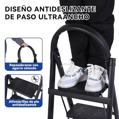 MOONPAI Escalera Plegable para Casa,Escalera de Tijera,Diseño de Cierre de Seguridad,Escalera Plegable de Peldaños,Patas y Pasamanos Antideslizantes,para Interior Y Exterior(Escalera 3 Peldaños)
