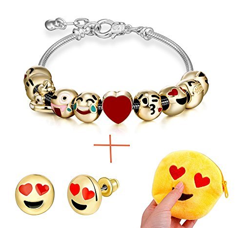 Emoji Charm Bracelet & Emoji Earrings & Emoji Purse, 18k Gold Plated Emoji Gifts for Girls Women