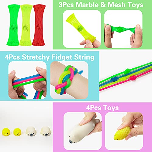 Sensory Toys Set, 34pcs Relieves Stress and Anxiety Fidget Toy for Children Adults, Hand Toys, Soybean Squeeze, Flippy Chain, Sensory Rings, Marble and Mesh, Party Toys, Toy with Storage Box