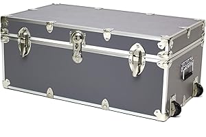 Rhino Trunk & Case Large Essential Summer Camp Trunk with Wheels - Camping Storage Chest - Ideal Footlocker for Campers - Strong 1000+ Pound Sitting Capacity Trunks 32"x18"x14" (Gray)